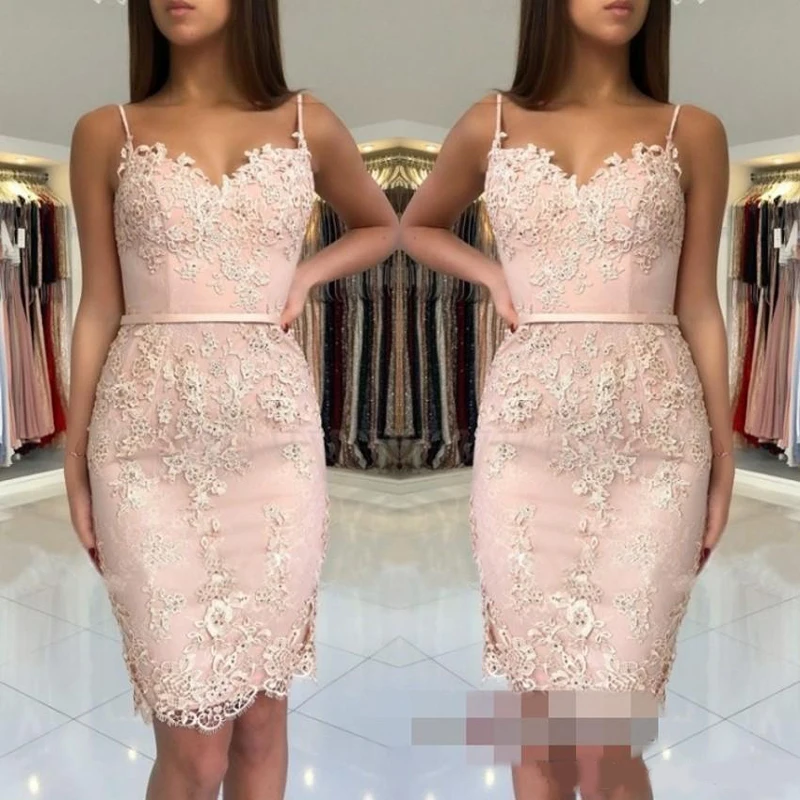 

2022 Cheap Blush Pink Homecoming Dresses Lace Appliques Short Mini Spaghetti Straps Sashes Sheath Sweetheart Party Graduation