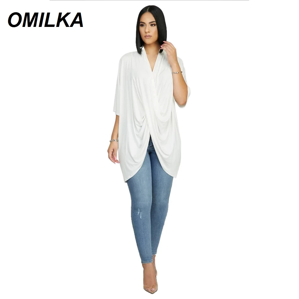Женская Асимметричная футболка OMILKA, черная Повседневная Свободная футболка с V-образным вырезом, полурукавами и драпировкой, осень 2019
Женская Асимметричная футболка OMILKA, черная Повседневная Свободная футболка с V-образным вырезом, полурукавами и драпировкой, осень 2019