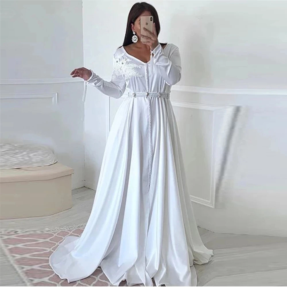 White Moroccan Kaftan Caftan Muslim Evening Dresses A-line V-neck Long Sleeves Applique Dubai Arabic Turkey Abaya Islamic Gown
White Moroccan Kaftan Caftan Muslim Evening Dresses A-line V-neck Long Sleeves Applique Dubai Arabic Turkey Abaya Islamic Gown