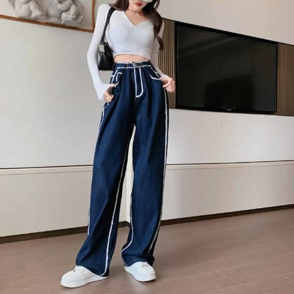 

Navy blue Baggy Wide Leg Jeans for Women High Waisted Demin Pants Mom Jeans Loose Clothing Vintage Streetwear Splicing Pants