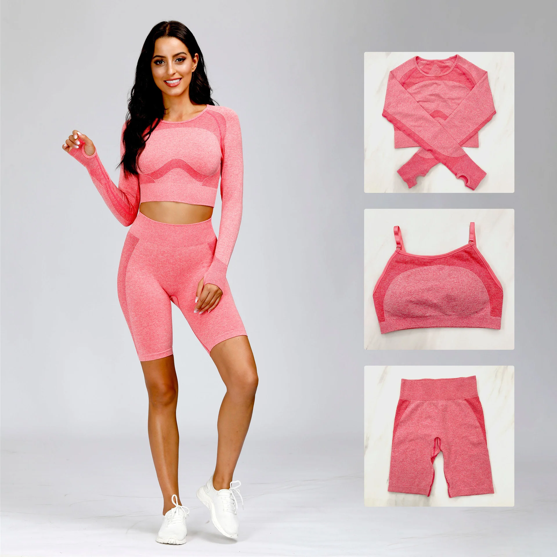 Fitness top Yoga suit three piece bra long sleeve five Leggings seamless Yoga suit
Fitness top Yoga suit three piece bra long sleeve five Leggings seamless Yoga suit