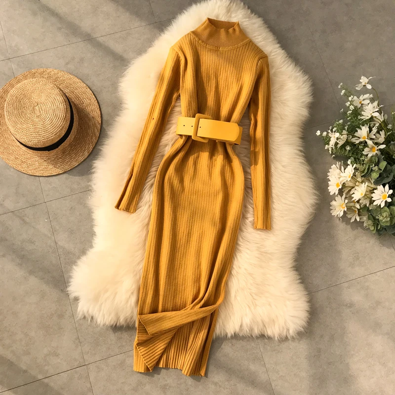 Women Split Hem Turtleneck Sweater Dress Novel Autumn Winter Long Sleeve Casual Woman Dress Sexy Midi Bodycon Dresses With Belt
Women Split Hem Turtleneck Sweater Dress Novel Autumn Winter Long Sleeve Casual Woman Dress Sexy Midi Bodycon Dresses With Belt