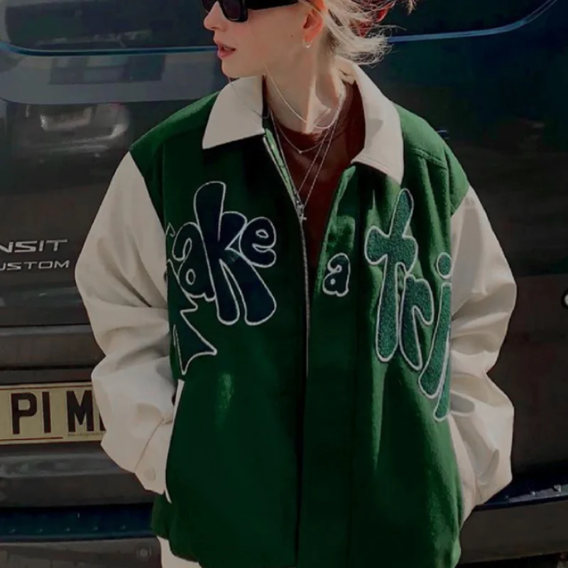 Woman Jacket Green Contrast Sleeves PU Coat Leather Clothes Outside Take A Trip Letter Application Autumn Baseball Jacket Goth
Woman Jacket Green Contrast Sleeves PU Coat Leather Clothes Outside Take A Trip Letter Application Autumn Baseball Jacket Goth