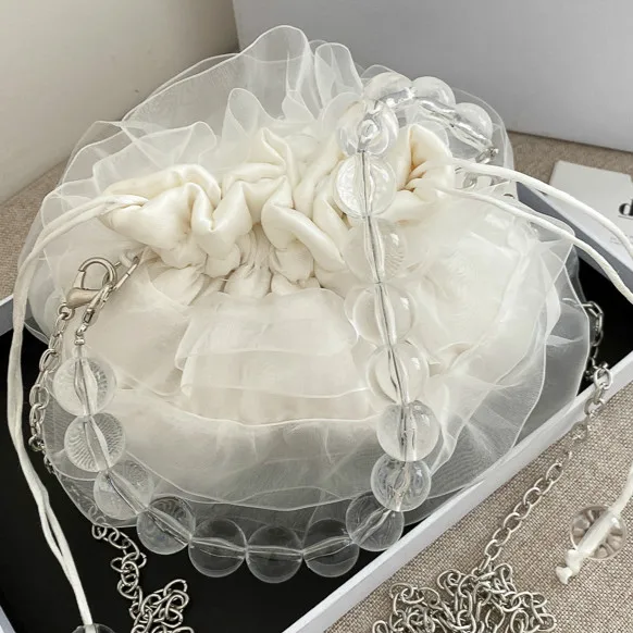 Luxury Silk Lace Drawstring Shoulder Bags for Women 2021 Beaded Chain Women's Handbags Small Bucket Bags Dumpling Crossbody Bag
Luxury Silk Lace Drawstring Shoulder Bags for Women 2021 Beaded Chain Women's Handbags Small Bucket Bags Dumpling Crossbody Bag