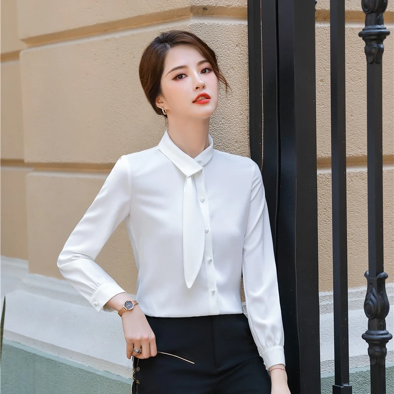 Элегантная серая блузка с длинным рукавом рубашки для женщин Офисная Деловая