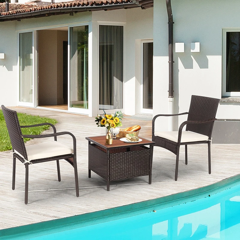 3 PCS Patio Weather Resistant PE Rattan Furniture Bistro Set Wood Side Table Ergonomic Stackable Chair Garden Outdoor Set
3 PCS Patio Weather Resistant PE Rattan Furniture Bistro Set Wood Side Table Ergonomic Stackable Chair Garden Outdoor Set
