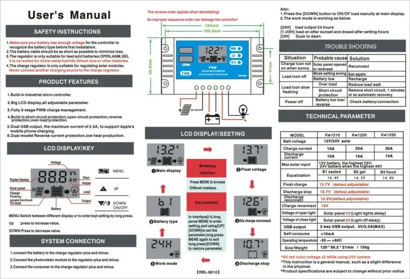Auto Solar Controllers For Home 10A /20A /30A LCD MPPT Solar Panel Battery Regulator Charge Controller Dual USB With 5V/2A