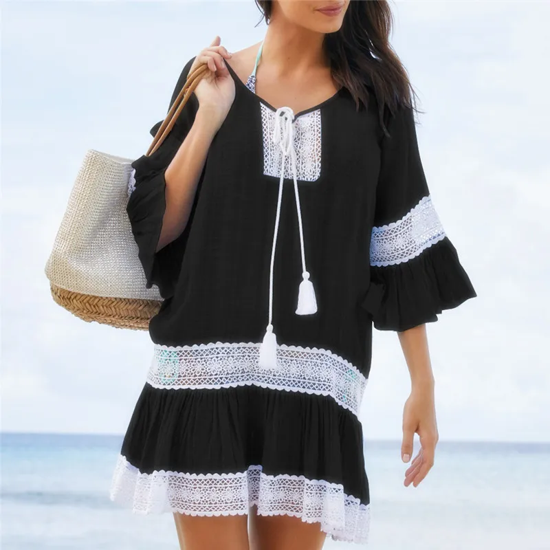 

NEW Beach Cover-up for Women Crochet Tassel Cover Up Black White Bikini Ups Tunics Saida De Praia Swim Suit Dress 2021 New Dress