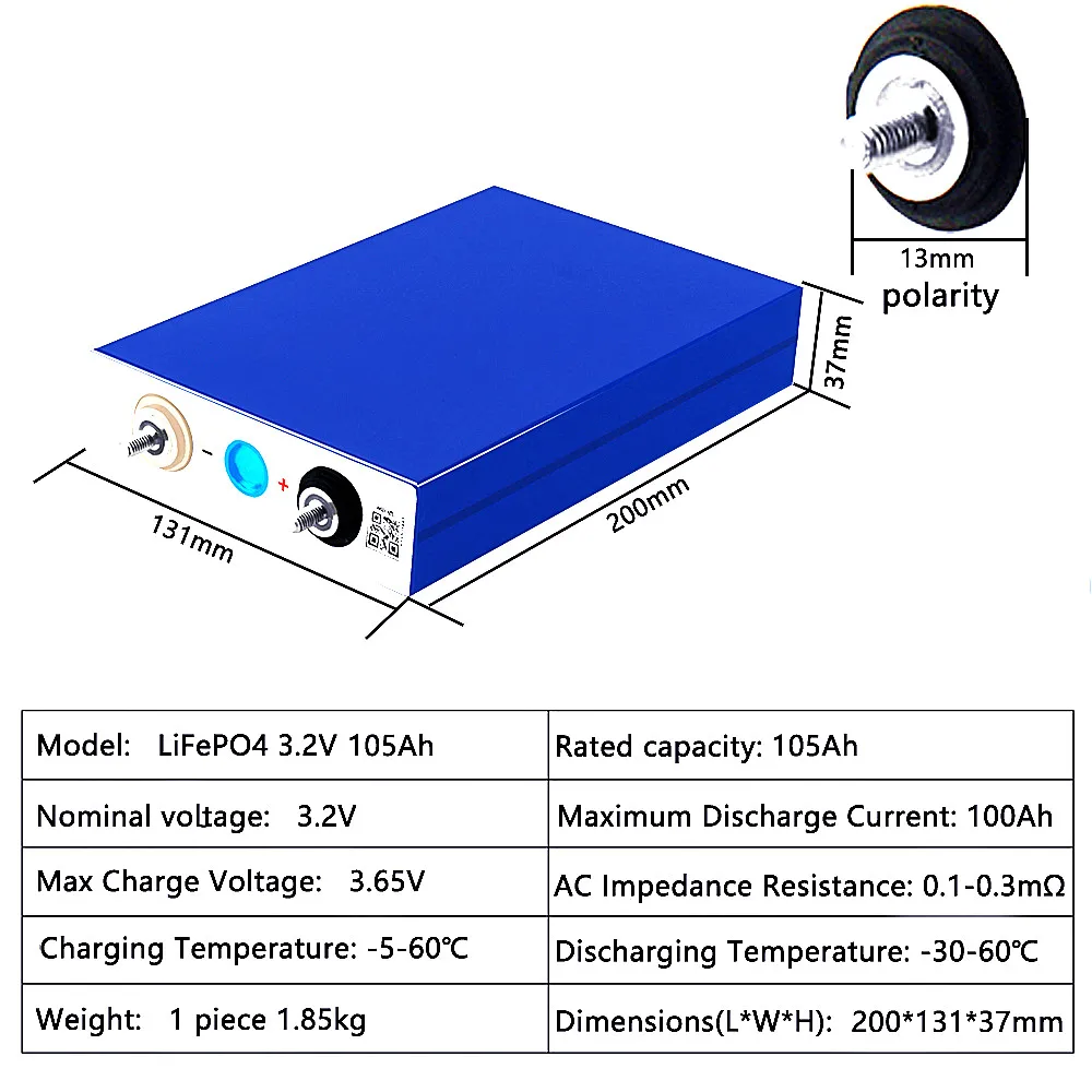 Land Voyager 8pcs 3.2V 105Ah lifepo4 battery 3C discharge for DIY 12V 24V 36V 48V 400Ah battery pack boat scooter caravan
Land Voyager 8pcs 3.2V 105Ah lifepo4 battery 3C discharge for DIY 12V 24V 36V 48V 400Ah battery pack boat scooter caravan