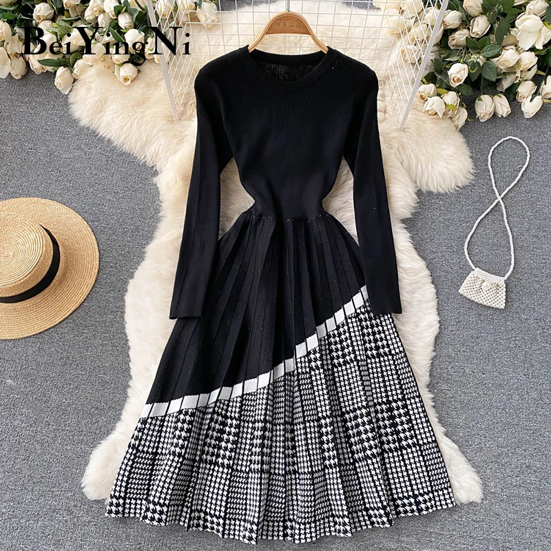 Beiyingni Houndstooth Sweaters Dress Women Autumn Winter Long Sleeve Casual Elegant Luxury Spell Color Midi Dresses Ladies Robes
Beiyingni Houndstooth Sweaters Dress Women Autumn Winter Long Sleeve Casual Elegant Luxury Spell Color Midi Dresses Ladies Robes