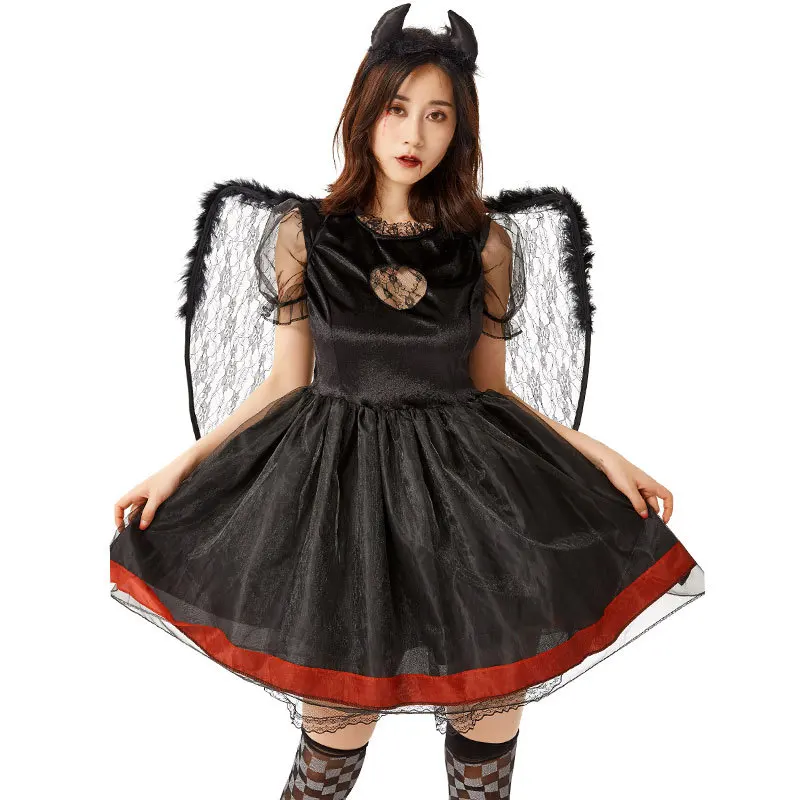 

Хэллоуин черный костюм для косплея дьявол для женщин вампир черное ангельское платье с крыльями взрослые вечерние костюм ведьмы