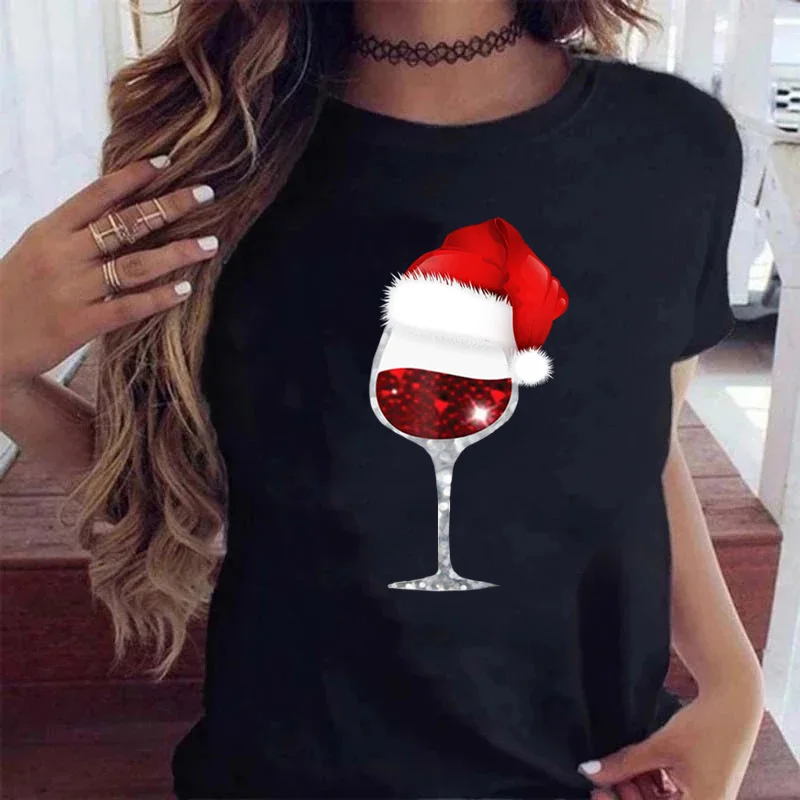 Women Casual Christmas Hat Red Wine Glass Printed T-shirt Loose O-neck Top Streetwear Short Sleeve New Year Christmas Clothes
Women Casual Christmas Hat Red Wine Glass Printed T-shirt Loose O-neck Top Streetwear Short Sleeve New Year Christmas Clothes