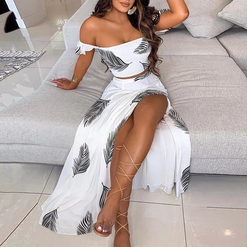 2021 Summer Elegant Women Two Piece Set Outfits Sexy Off Shoulder Slim Tops And Fashion Split Print Long Dress Party Skirt Suits
2021 Summer Elegant Women Two Piece Set Outfits Sexy Off Shoulder Slim Tops And Fashion Split Print Long Dress Party Skirt Suits