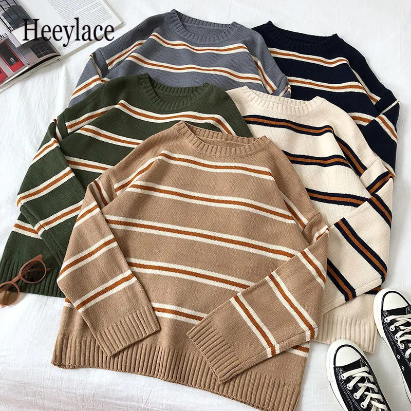 Vintage Stripe Sweaters Women Loose Oversize Korean Style Pullover Top Autumn Winter Long Sleeve Knitted Sweater Femme 2021
Vintage Stripe Sweaters Women Loose Oversize Korean Style Pullover Top Autumn Winter Long Sleeve Knitted Sweater Femme 2021