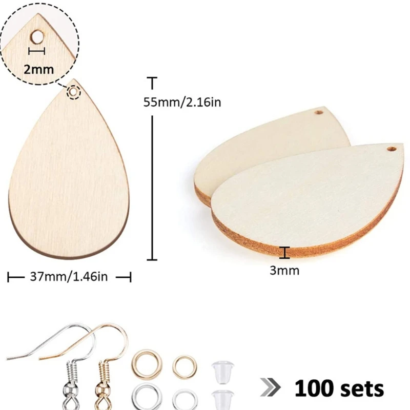 1 Set Jewelry Making DIY Crafts Unfinished Wooden Earrings Blanks with Ear Hooks Opening Ring Teardrop Pendants