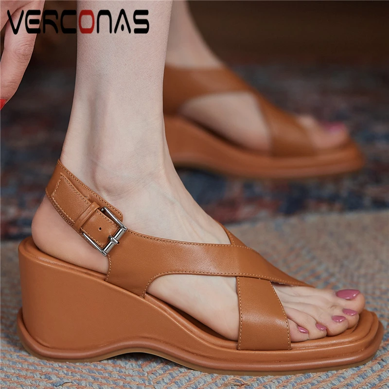 

VERCONAS 2021 Summer New Women Sandals Fashion Casual Concise Genuine Leather Pumps Cross-Tied Peep Toe Wedges Heels Shoes Woman