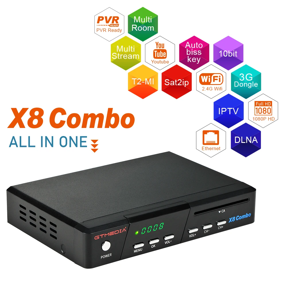 GTmedia X8 Combo, спутниковый ТВ-приемник, DVB-S2 S2X T2 кабельный Тернер, 1080P Full HD H.265, 2,4G WIFI CA слот для карт и Multi-PLP
GTmedia X8 Combo, спутниковый ТВ-приемник, DVB-S2 S2X T2 кабельный Тернер, 1080P Full HD H.265, 2,4G WIFI CA слот для карт и Multi-PLP