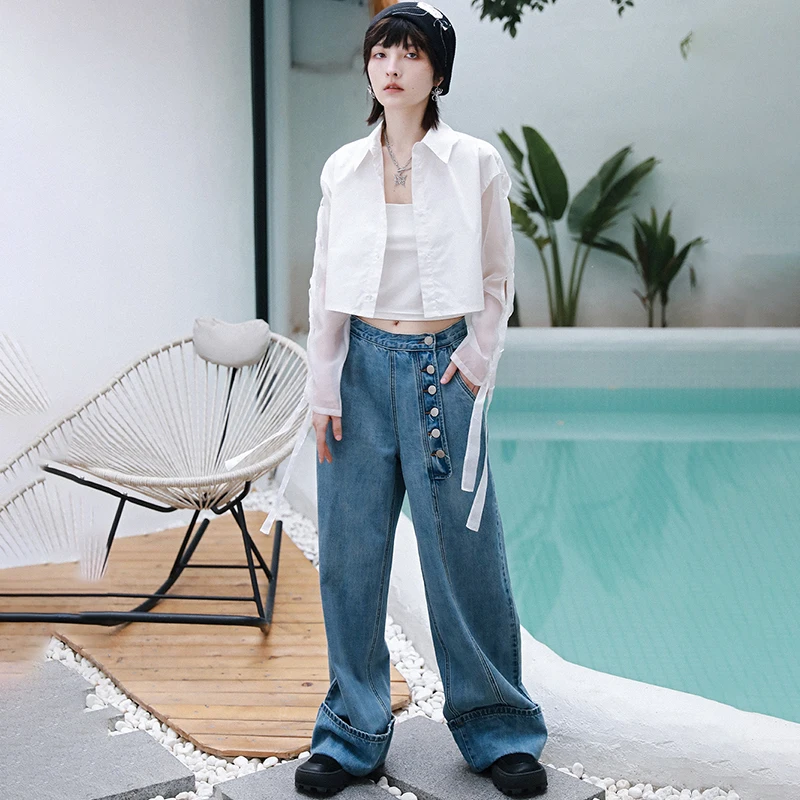 IEQJ Blue Vintage Casual Button All Match Wide Leg Jeans New High Waist Loose Women Trousers Fashion Tide Summer 2021 3F0279 
IEQJ Blue Vintage Casual Button All Match Wide Leg Jeans New High Waist Loose Women Trousers Fashion Tide Summer 2021 3F0279