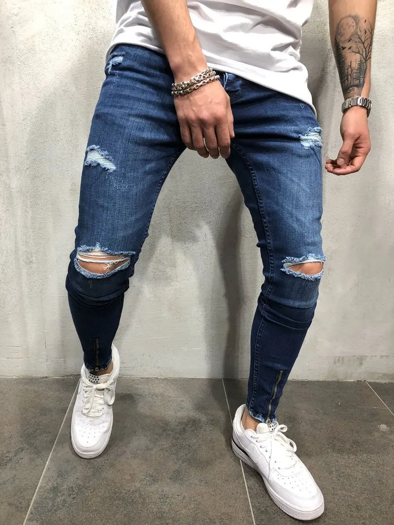 Pantalones Hombre Jeans Para Hombre New Fashion Vaqueros Hombre Hole Skinny Calca Masculina Slim Fit Blue Jeans Men Clothes