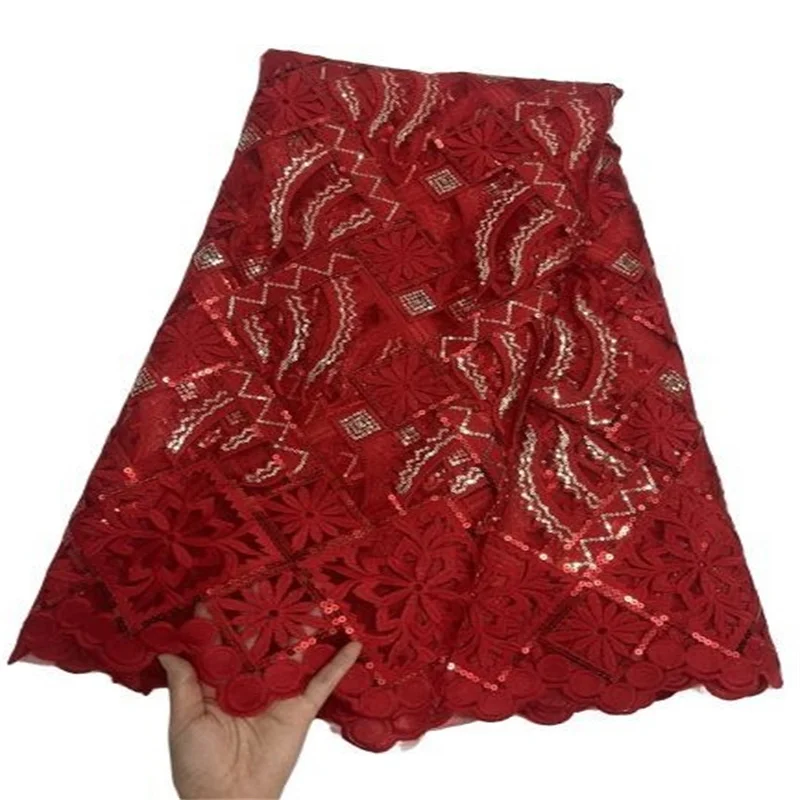 

Нигерийская кружевная ткань 2022, Высококачественная вышивка, Африканский красный тюль с блестками, новейшая французская гипюровая сетка, 5 ярдов для шитья одежды