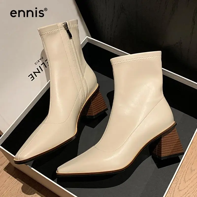 

ENNIS Women's Ankle Boots Pointed Toe Stretch Boots High Heel Shoes Autumn Winter Beige Black Booties Fashion Zipper Shoes Brand