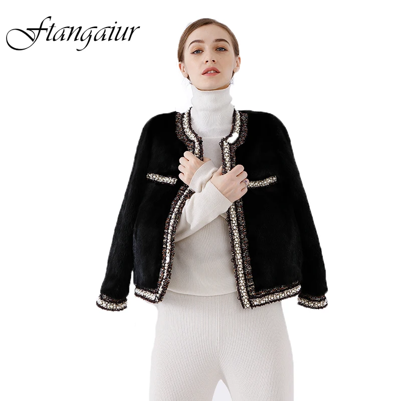 

Ftangaiur New Winter Import Velvet Mink Fur Coat Women Full Sleeve Short O-Neck Solid Beading Natural Real Mink Fur Coats