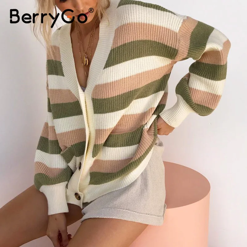 BerryGo Casual v-neck women knitted sweaters Lantern sleeve single-breasted female cardigan Office lady stripe loose sweater
BerryGo Casual v-neck women knitted sweaters Lantern sleeve single-breasted female cardigan Office lady stripe loose sweater