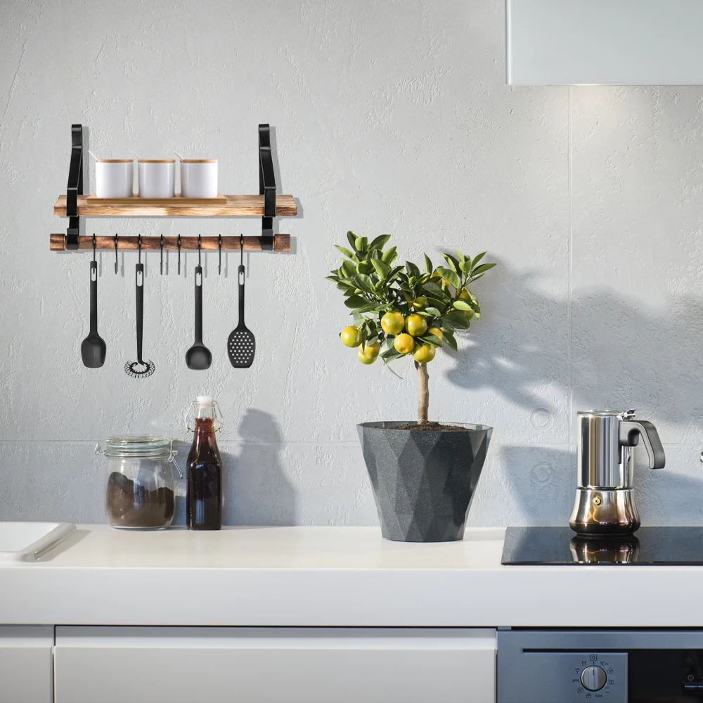 Floating Shelf Wall Shelf Rustic Wood Kitchen Spice Rack With Towel Bar And 8 Removable Hooks for Organize Cooking Utensils
Floating Shelf Wall Shelf Rustic Wood Kitchen Spice Rack With Towel Bar And 8 Removable Hooks for Organize Cooking Utensils