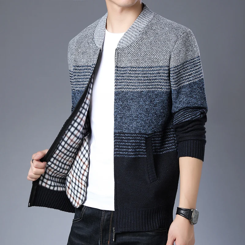 New Winter Male Zipper Cardigan Mens Striped Sweater Coat Thick Velvet Knit Coat
New Winter Male Zipper Cardigan Mens Striped Sweater Coat Thick Velvet Knit Coat