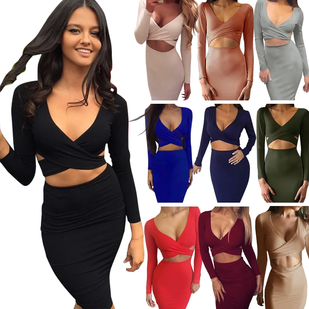 European And American-Style Station Slim Fit Long-Sleeve Porous Sexy Sheath Party Dress Ten Color Four Code
European And American-Style Station Slim Fit Long-Sleeve Porous Sexy Sheath Party Dress Ten Color Four Code