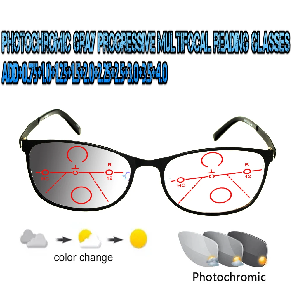 Photochromic Gray Progressive Multifocal Reading Glasses Men Women Ultralight Black Metal Frame Large Size +0.75 To+4.0
Photochromic Gray Progressive Multifocal Reading Glasses Men Women Ultralight Black Metal Frame Large Size +0.75 To+4.0