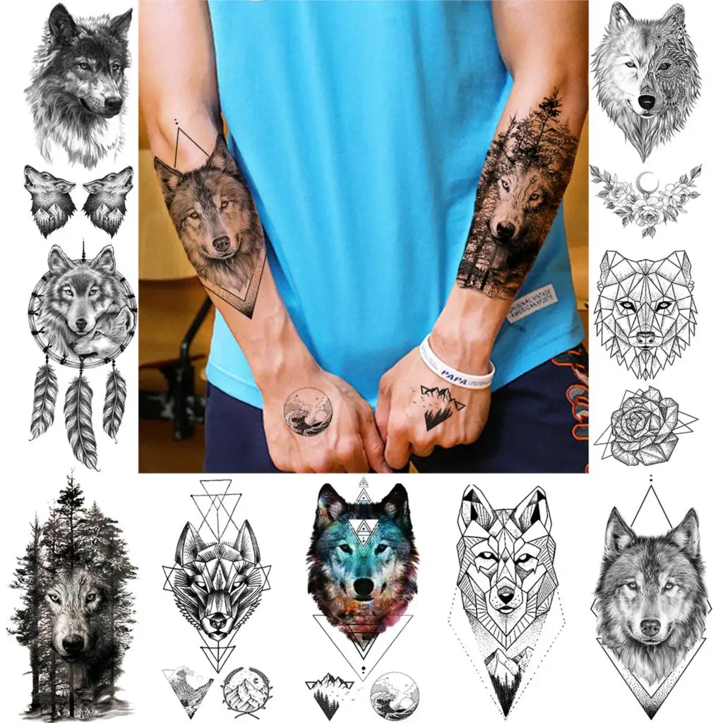 

2021 Tribal Style Forest Wolf Temporary Tattoos For Men Women Geometric Body Art Arm Tatoos DIY Washable Werewolf Fake