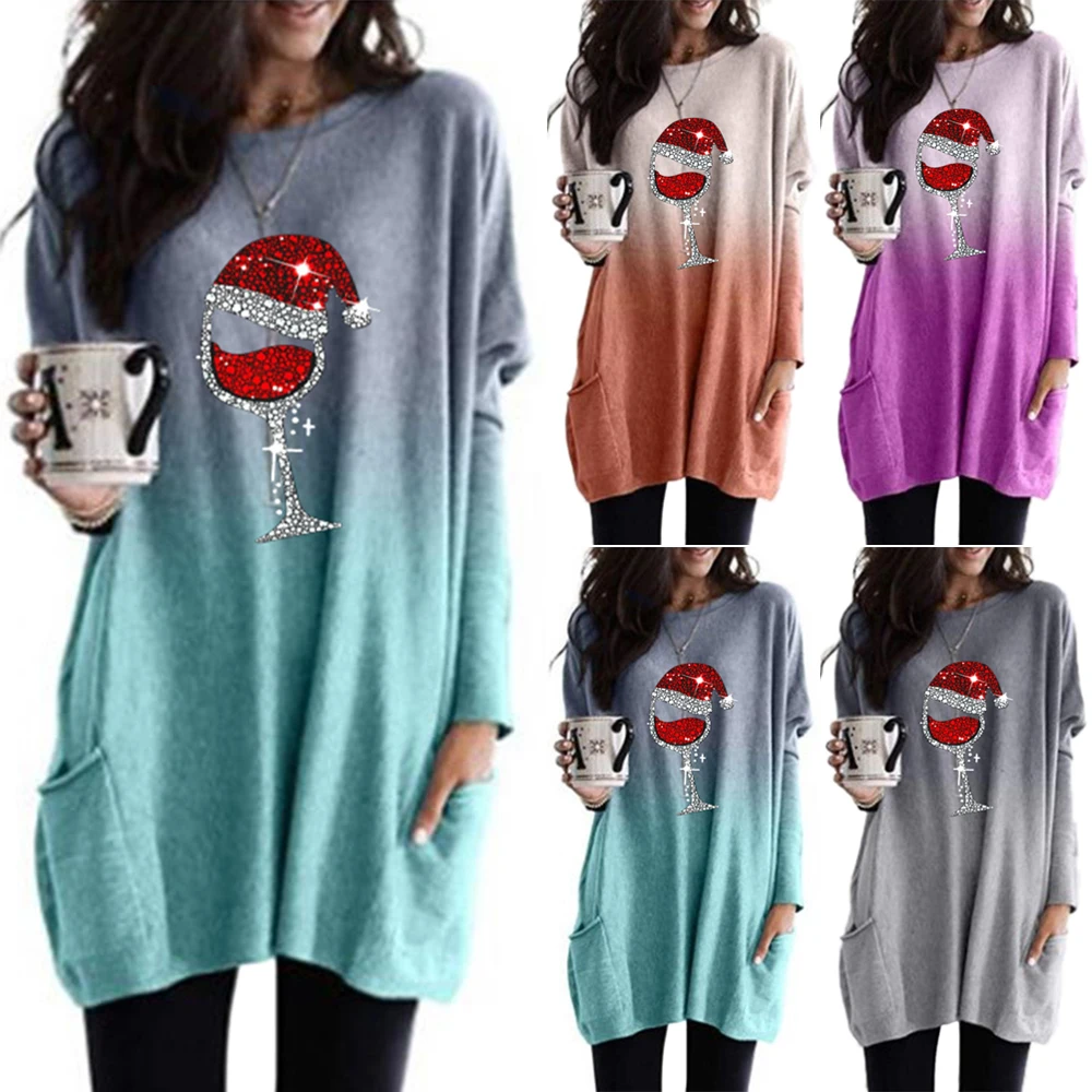 LooseT Shirt Female Christmas T Shirt Women Wine Glass Printed Long Sleeve Pullover T-shirts Casual Pockets Loose Tops
LooseT Shirt Female Christmas T Shirt Women Wine Glass Printed Long Sleeve Pullover T-shirts Casual Pockets Loose Tops