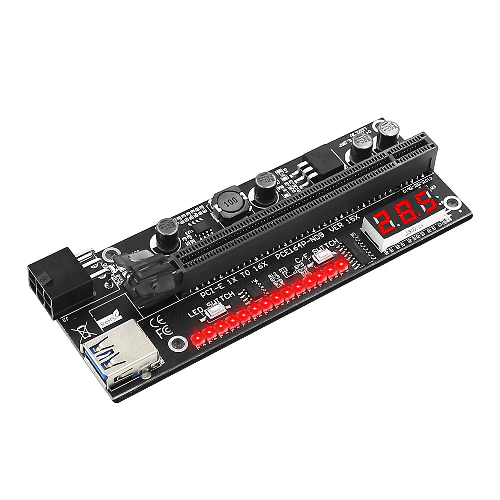 PCIE Riser 1x to 16x Graphic Extension Card with temperature sensor and LED for BTC ETH Mining Miner Powered Riser Adapter Card
PCIE Riser 1x to 16x Graphic Extension Card with temperature sensor and LED for BTC ETH Mining Miner Powered Riser Adapter Card