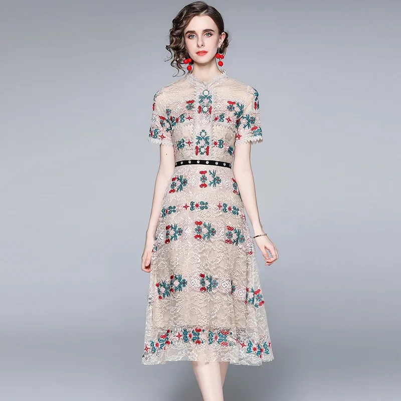 High-end Fashion Runway Summer Midi Dress For Women Short Sleeve Luxury Lace Flower Embroidery Elegant Party Dresses Mujer Ropa
High-end Fashion Runway Summer Midi Dress For Women Short Sleeve Luxury Lace Flower Embroidery Elegant Party Dresses Mujer Ropa
