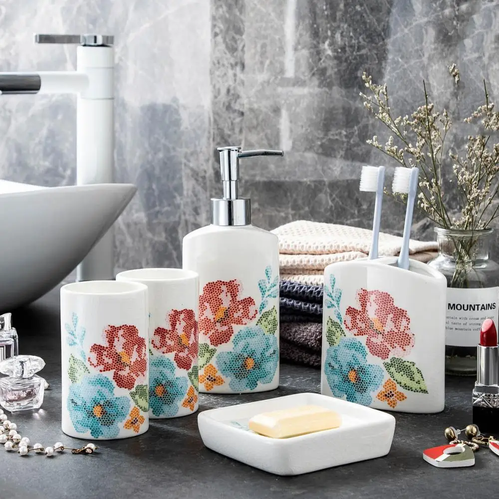 5pcs/Set Ceramic Bathroom Accessory Set Flower Soap Dispenser Pump Bottle Home Couple Mouthwash Cup Soap Dish Washing Tools
5pcs/Set Ceramic Bathroom Accessory Set Flower Soap Dispenser Pump Bottle Home Couple Mouthwash Cup Soap Dish Washing Tools
