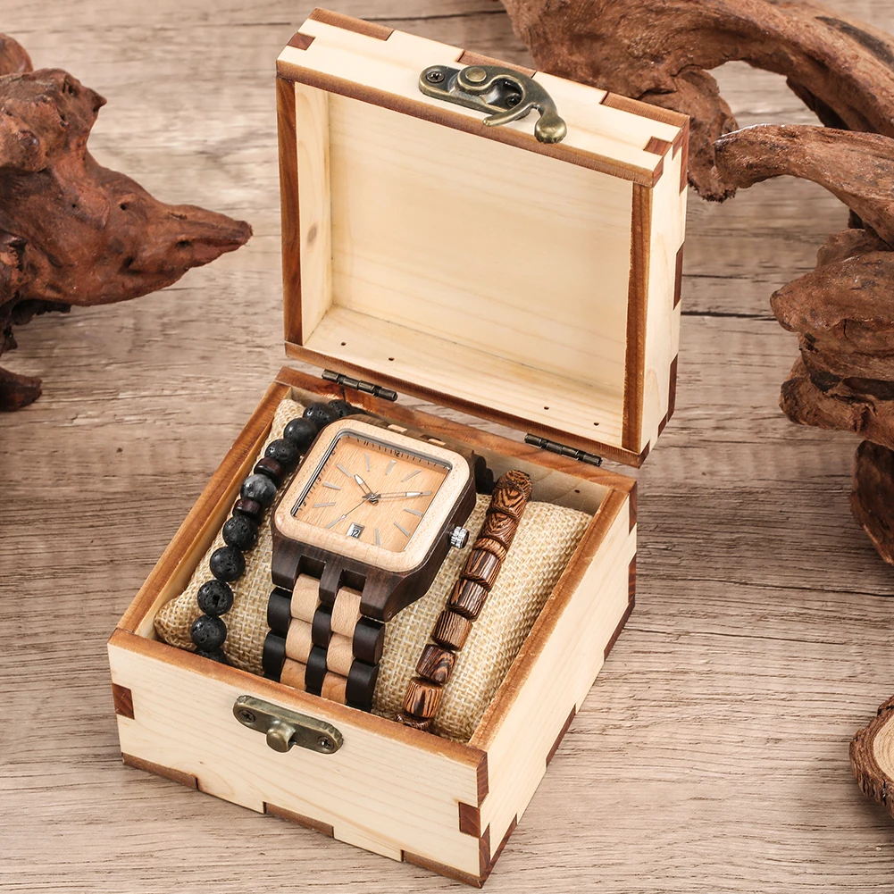 Popular Wooden Men's Watches Case Bracelet Set Sandalwood Material Quartz Movement Wristwatch with Calendar
Popular Wooden Men's Watches Case Bracelet Set Sandalwood Material Quartz Movement Wristwatch with Calendar