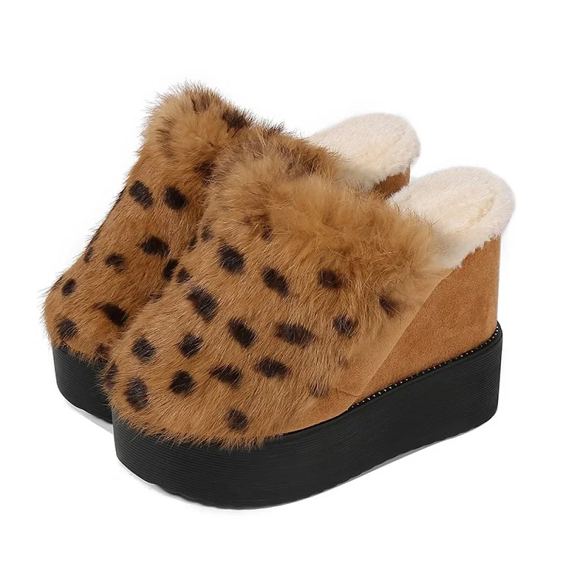 

Womens Real Rabbit Fur Furry Platform Wedge High 12CM Heel Warm Winter Mules Slipper Plush Slides Shoes 8Colors New 2021