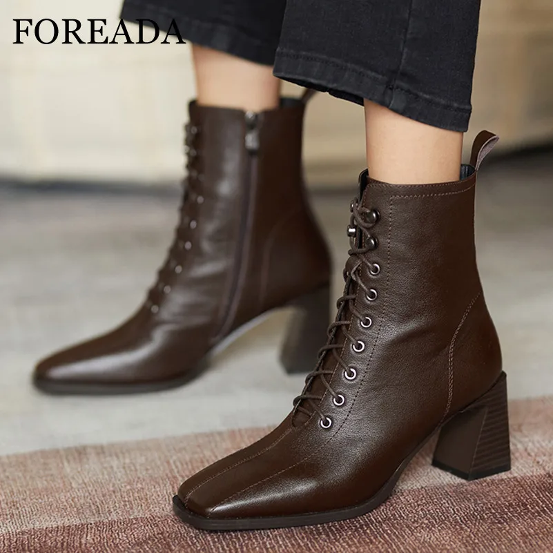 FOREADA High Heel Ankle Boots Real Leather Square Toe Woman Boots Zip Block Heel Short Boots Lace Up Ladies Shoes Black Brown 40
FOREADA High Heel Ankle Boots Real Leather Square Toe Woman Boots Zip Block Heel Short Boots Lace Up Ladies Shoes Black Brown 40