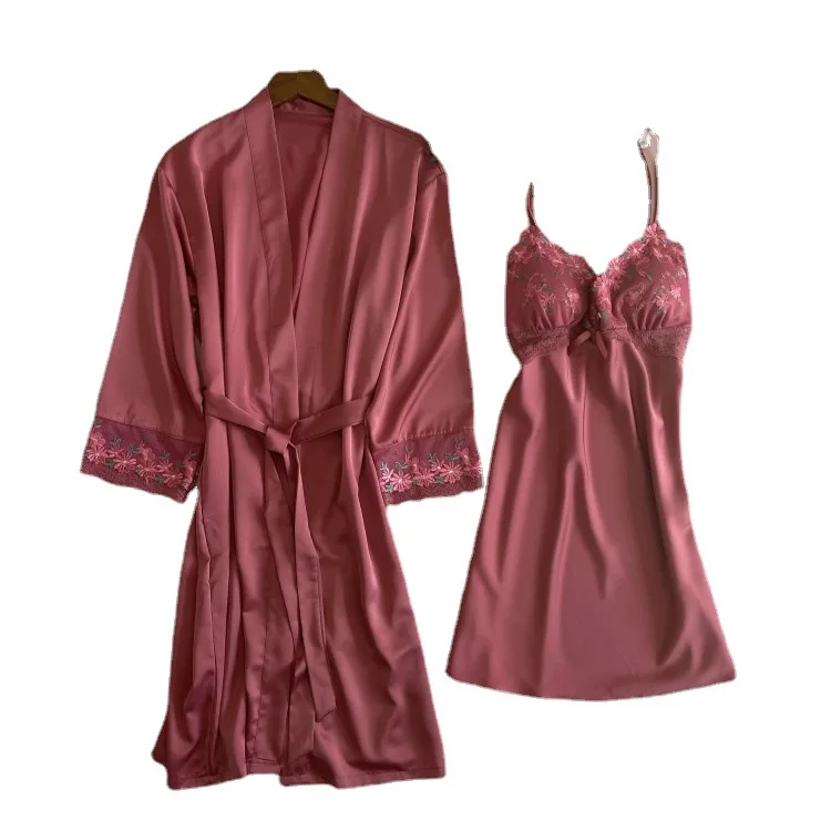 Lady Spring New Kimono Robe Gown Set Pink Bow Lace Trim Night Dress Casual Faux Silk Sleepwear Sweet Flower Embroidery Nightgown
Lady Spring New Kimono Robe Gown Set Pink Bow Lace Trim Night Dress Casual Faux Silk Sleepwear Sweet Flower Embroidery Nightgown