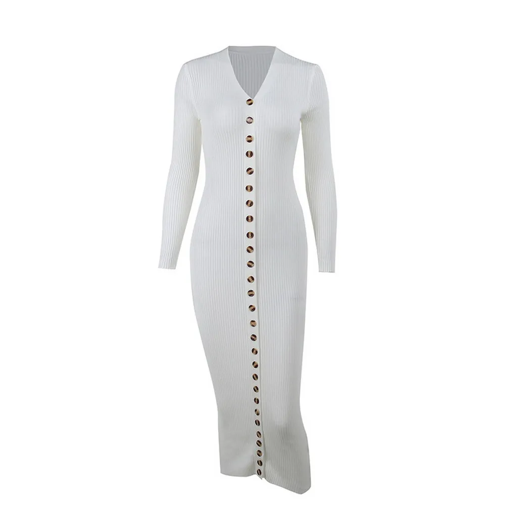 Elegant White Slid Color V-neck Long Sleeve Buttock Knitted Midi Sweater Dresses for Women
Elegant White Slid Color V-neck Long Sleeve Buttock Knitted Midi Sweater Dresses for Women