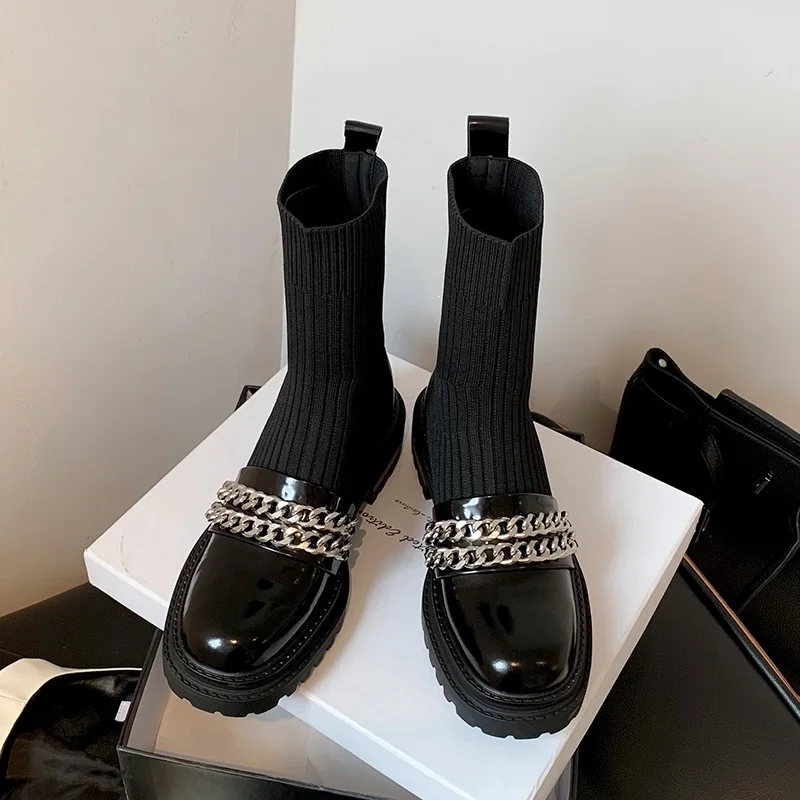 MEZEREON Women Shoe Fashion Platform Boots With Chains Genuine Leather Modern Woman Shoes Elegant Ladies Sock Boots
MEZEREON Women Shoe Fashion Platform Boots With Chains Genuine Leather Modern Woman Shoes Elegant Ladies Sock Boots