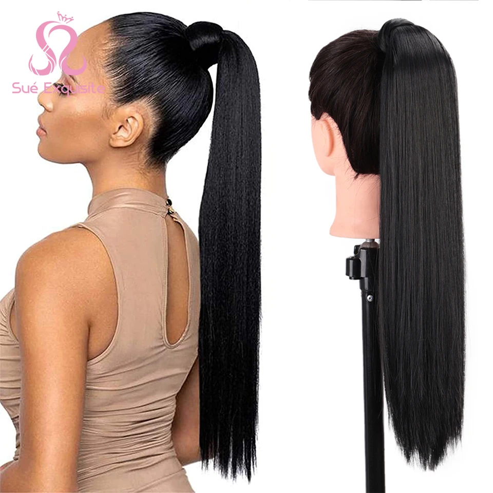 

SUe EXQUISITE Long Straight Synthetic Ponytail Black Blonde Pony Tail Hair Extensions Heat Resistant Horsetail Hairpiece