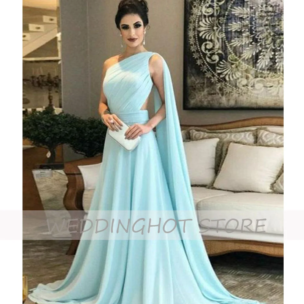 Chiffon One-Shoulder Evening Dresses Long 2021 Eleglant Light Blue A-Line Simple Prom Gown Elegant High Quality robes de soirée
Chiffon One-Shoulder Evening Dresses Long 2021 Eleglant Light Blue A-Line Simple Prom Gown Elegant High Quality robes de soirée