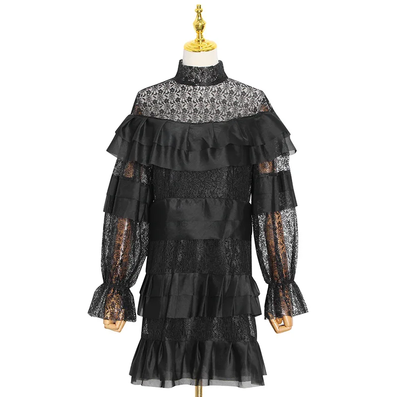 Fall 2021 collar black white gauze skirt falbala bud silk lantern sleeve splicing dress skirt
Fall 2021 collar black white gauze skirt falbala bud silk lantern sleeve splicing dress skirt