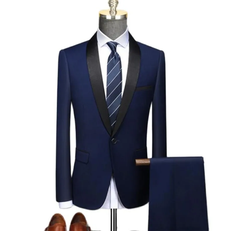 

Men's Lapel Black Collar 2 Piece Suit Set Coat Trousers / Business Groomsmen Groom Wedding Dress Fprmal Blazer Pants