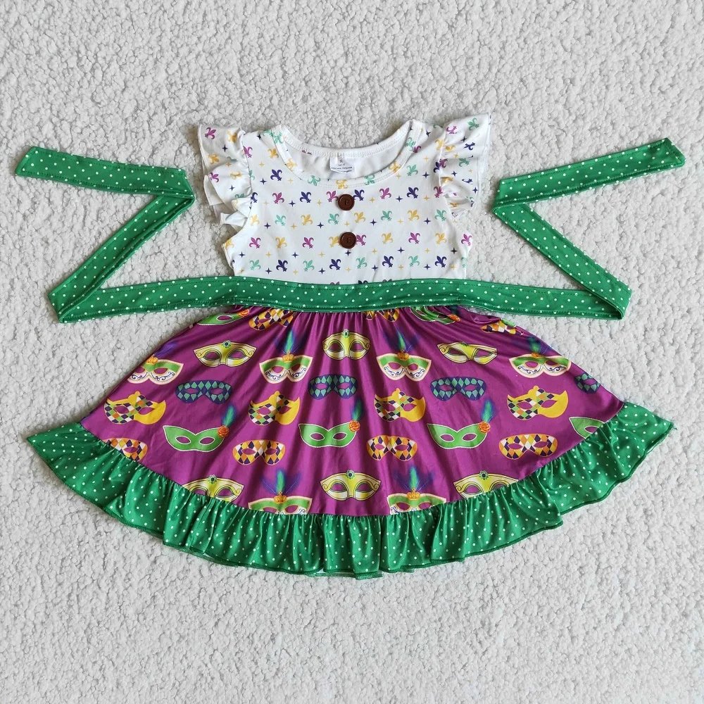 

RTS Mardi Gras Summer Children Girls Flutter Sleeve Dress Boutique Green Dot Belt Ruffle Dresses Baby Clothes