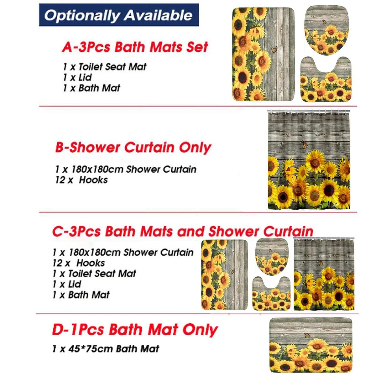 Sunflower Shower Curtain Bathroom Waterproof Polyester Sunflower 3D Printing Curtains for bathroom shower Set With12 Hooks
Sunflower Shower Curtain Bathroom Waterproof Polyester Sunflower 3D Printing Curtains for bathroom shower Set With12 Hooks