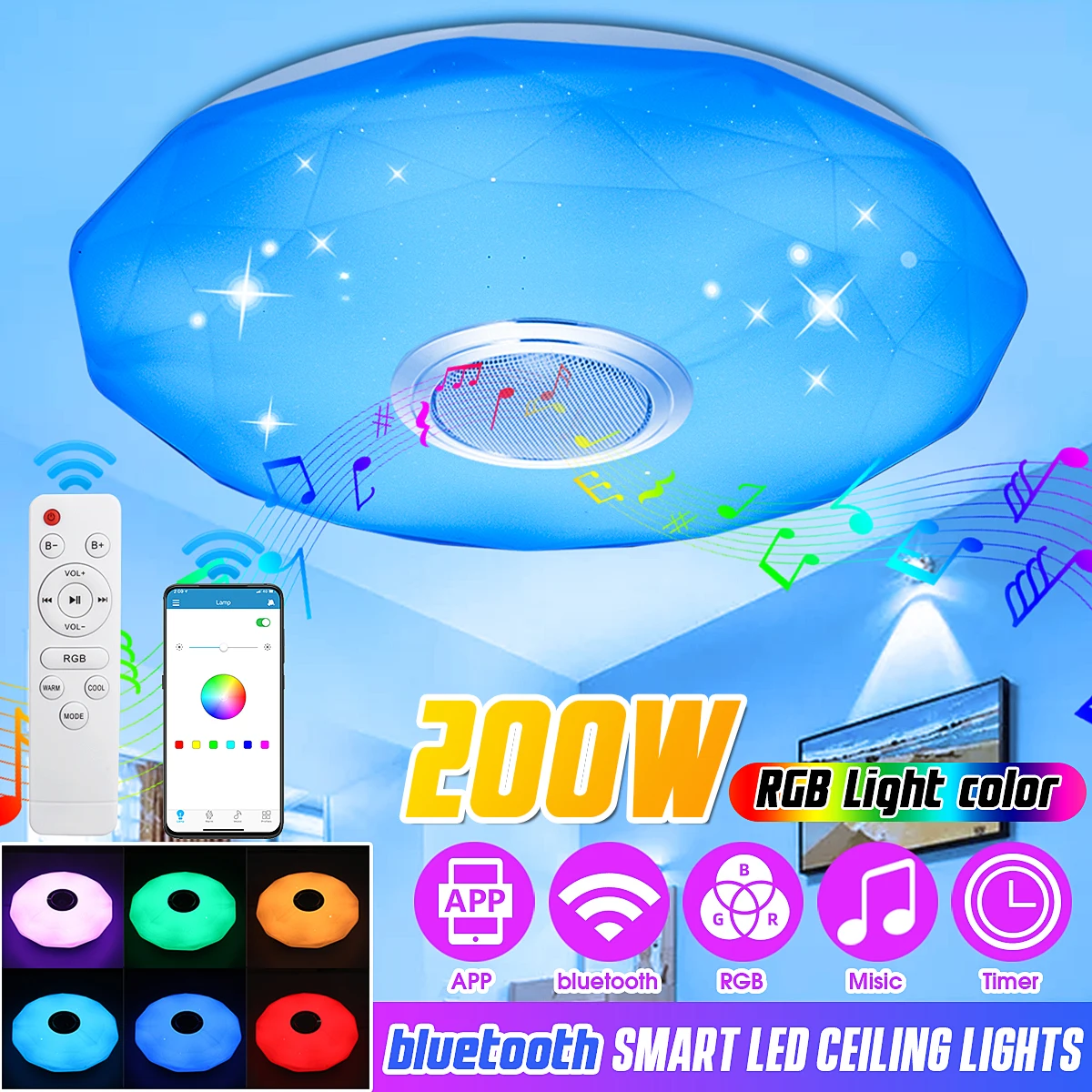 Светильник потолочный светодиодный RGB, 40 см, 200 Вт, bluetooth, с пультом дистанционного управления
Светильник потолочный светодиодный RGB, 40 см, 200 Вт, bluetooth, с пультом дистанционного управления