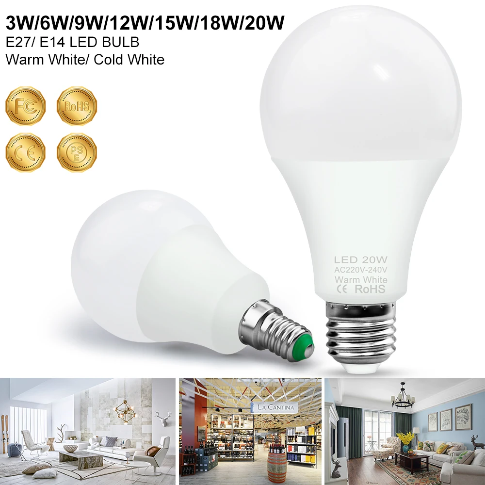 

2835 E27 LED Light Bulb E14 Lamp 220V Lampada Led Bombillas 3W 6W 9W 12W 15W 18W 20W 240V Ampoule Home Energy Saving Spotlight